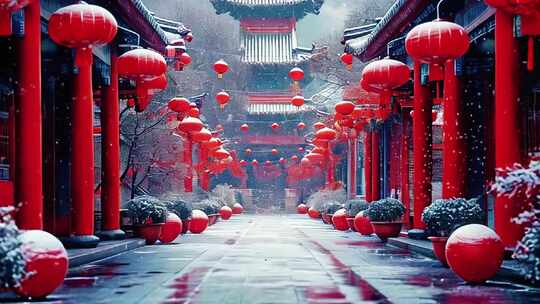 中国风古建筑喜庆中国年红灯笼庆祝龙年宫墙视频素材模板下载