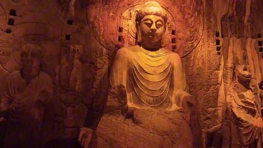 河南龙门石窟夜景4K佛像释迦摩尼