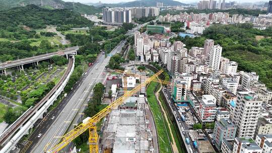 城市商业广场施工工地吊塔航拍深圳