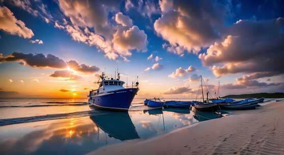 沙滩船  白沙滩 夕阳 渔船