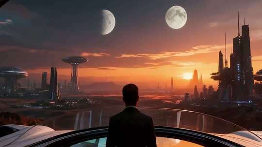 男子眺望未来科幻城市景观