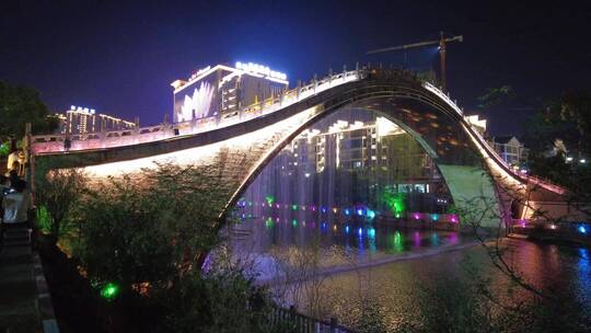 郴州爱莲湖郴江河流石拱桥水幕灯光秀夜景