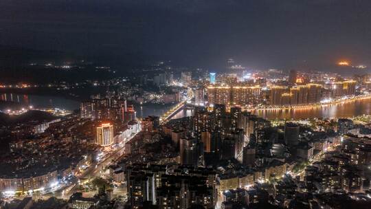 航拍龙川县城繁华夜景