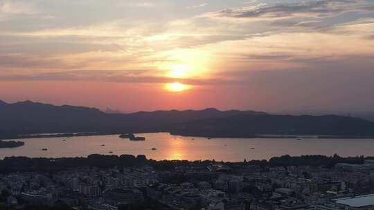 浙江杭州西湖落日晚霞夕阳西下航拍