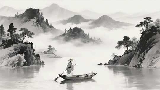 水墨山水古人泛舟画面