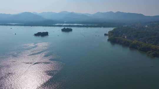 浙江杭州西湖景区大景全景游船船舶航拍