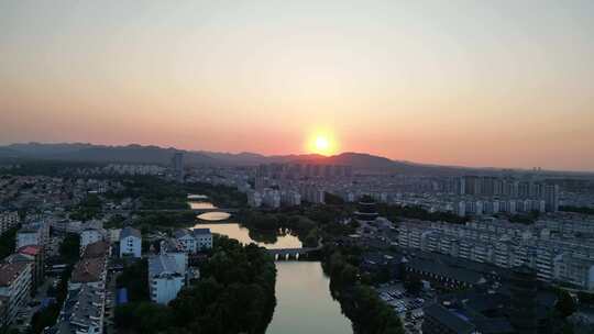 航拍潍坊青州古城夕阳晚霞