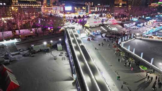 哈尔滨松花江上冬季冰雪嘉年华夜景航拍