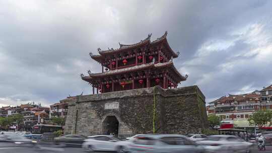 福建泉州朝天门古建筑泉州地标建筑车流延时
