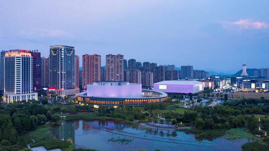 延时航拍傍晚绍兴诸暨城区现代城市建筑风光