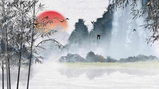 中式水墨山水竹林夕阳背景