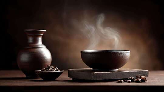 古朴陶器热饮氤氲升腾温暖治愈