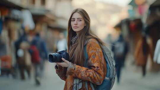 年轻女性旅行家街头摄影记录人文风情