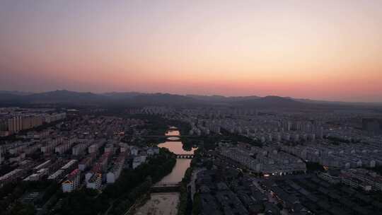 城市日落晚霞夕阳西下航拍