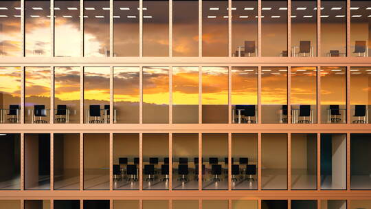 写字楼窗户边的落日云和现代摩天大楼环路