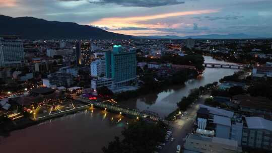 航拍泰国清迈湄平河新城城市建筑风光