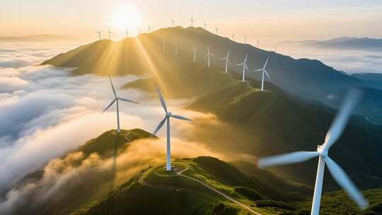 大气唯美4K航拍大山风电清晨云雾延时生态