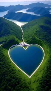 Ai生成的翠绿的山环绕着的心型的湖泊