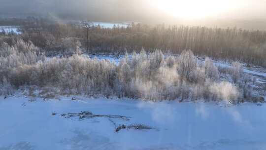 航拍林海雪原冰河冻雾朝阳