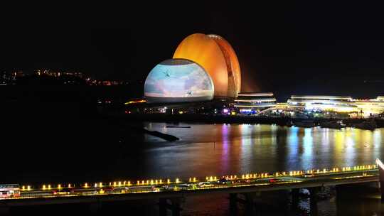 广州珠海日月贝大剧院情侣路海滩夜景航拍