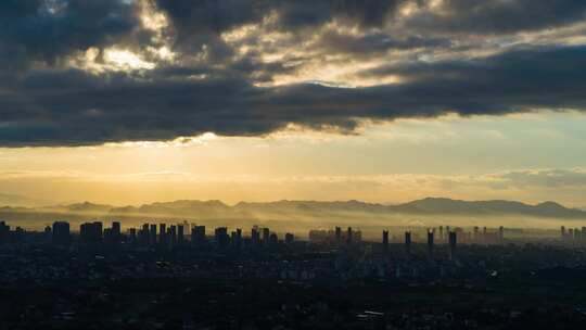 城区日出城市建筑史诗航拍延时摄影县城风光