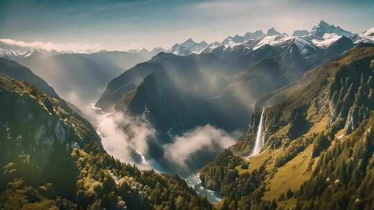 山间森林瀑布全景