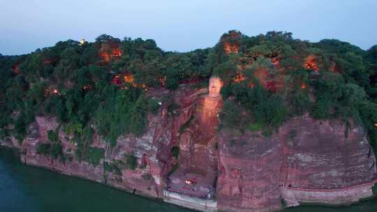 合集四川省乐山市乐山大佛航拍视角夜景实时