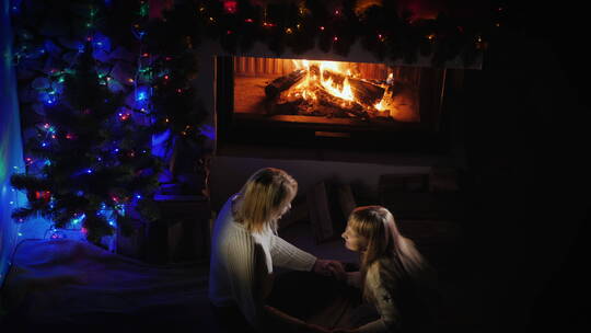 母亲和女儿在壁炉和圣诞树旁玩游戏