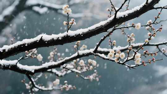 雪中绽放的梅花枝条