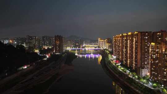 四川达州州河两岸夜景灯光航拍