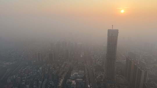 岳阳城市清晨日出迷雾航拍