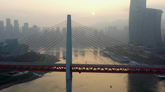 重庆千厮门大桥航拍 夕阳 日出