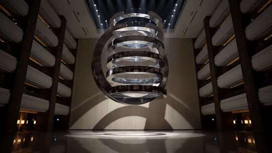 大厅悬挂金属环形艺术装置