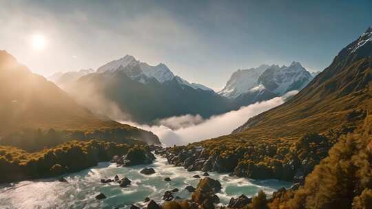 雪山河谷日出自然风光