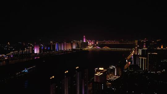 长沙湘江两岸银盆岭大桥CBD夜景航拍