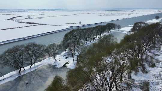 航拍淮河王家坝四里湖平原雪景风光4K