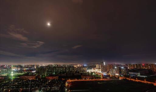 杭州城市夜景月升延时摄影