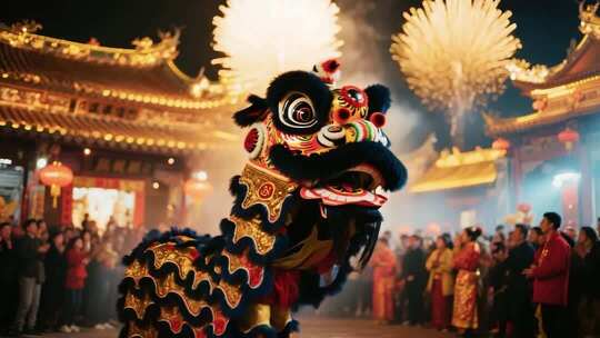 中国传统舞狮表演灯光晚会场景