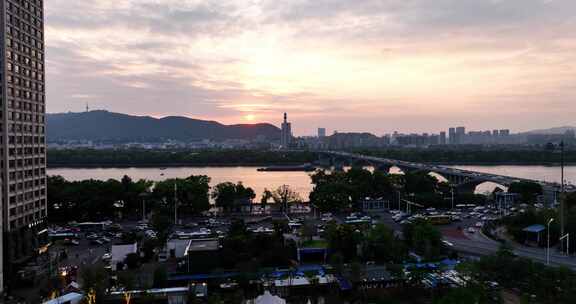 长沙橘子洲大桥日落晚霞城市风光