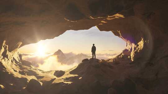 徒步旅行者冒险者，站在带岩石的洞穴中