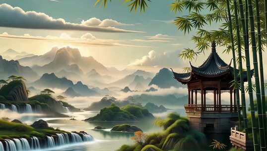 中式山水风景中的古风亭