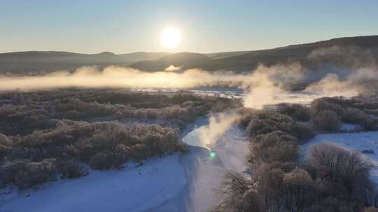 航拍大兴安岭林海雪原湿地风光雪柳雾气升腾