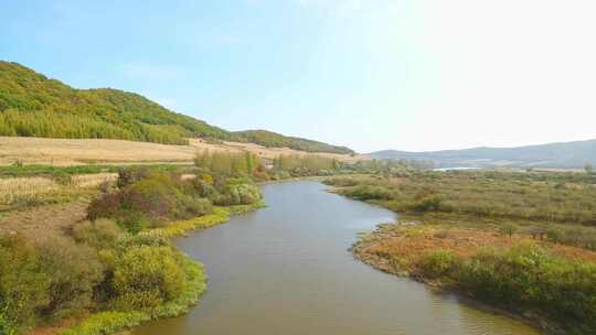 航拍吉林敦化市雁鸣湖湿地沼泽河流森林沼泽