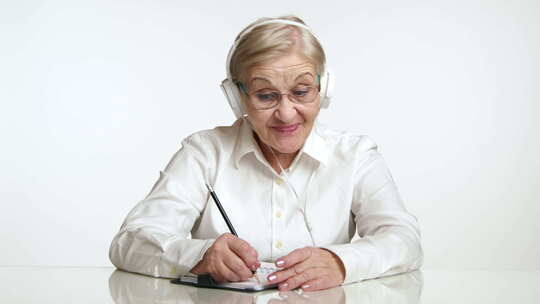 耳机里积极的老年女性在一张纸上写字的中景