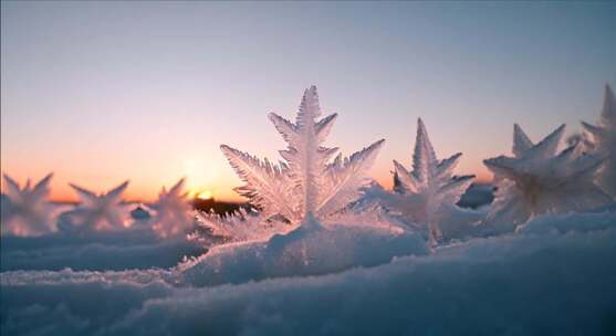 雪地上冰晶在日落时的唯美景象