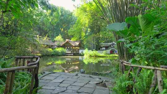 成都杜甫草堂草屋池塘竹林中式园林白昼实时