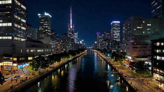 城市河流夜景俯瞰