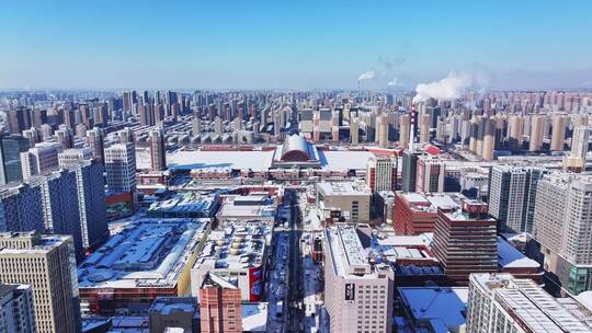 辽宁沈阳站航拍冬季城市雪景航拍