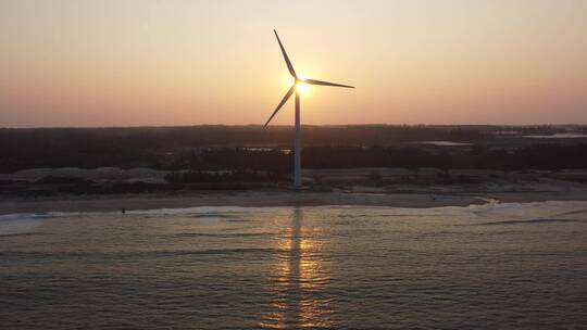 【2】夕阳下海边风车-风力发电机组-风能4k