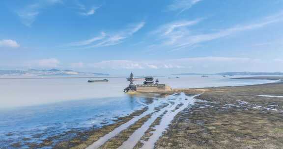 鄱阳湖地质奇观落星墩夏季航拍延时